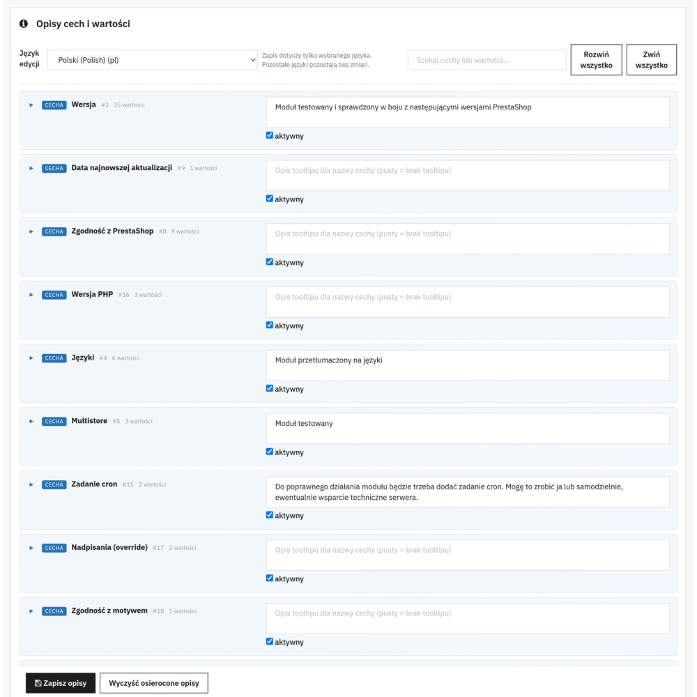 Tooltip - descrizioni di caratteristiche e parametri dei prodotti - Modulo PrestaShop