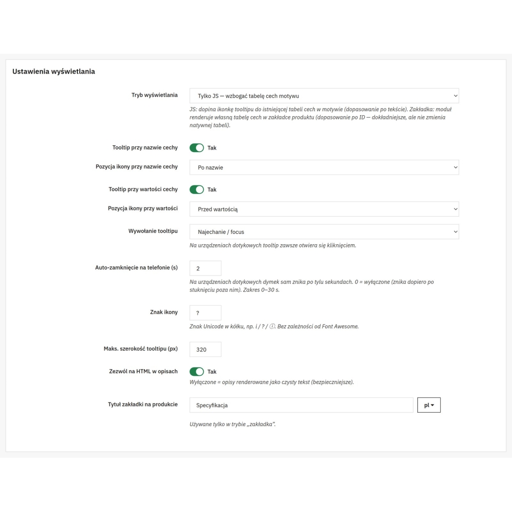Tooltip - descrizioni di caratteristiche e parametri dei prodotti - Modulo PrestaShop