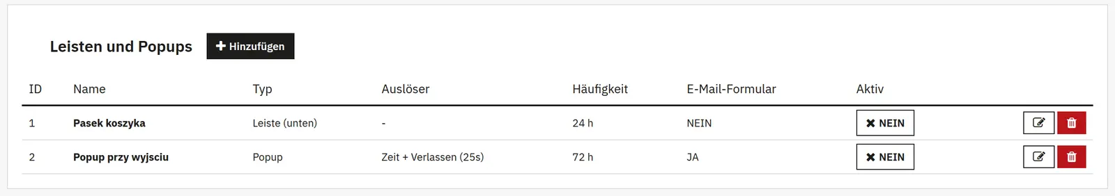 Leisten und Popups