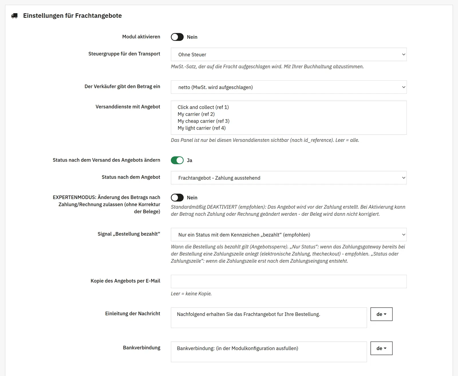Eingabe der Frachtkosten in der Bestellwährung