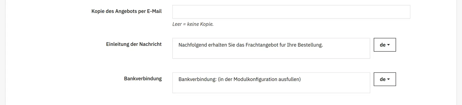 Nachricht mit dem Angebot in der Sprache der Bestellung