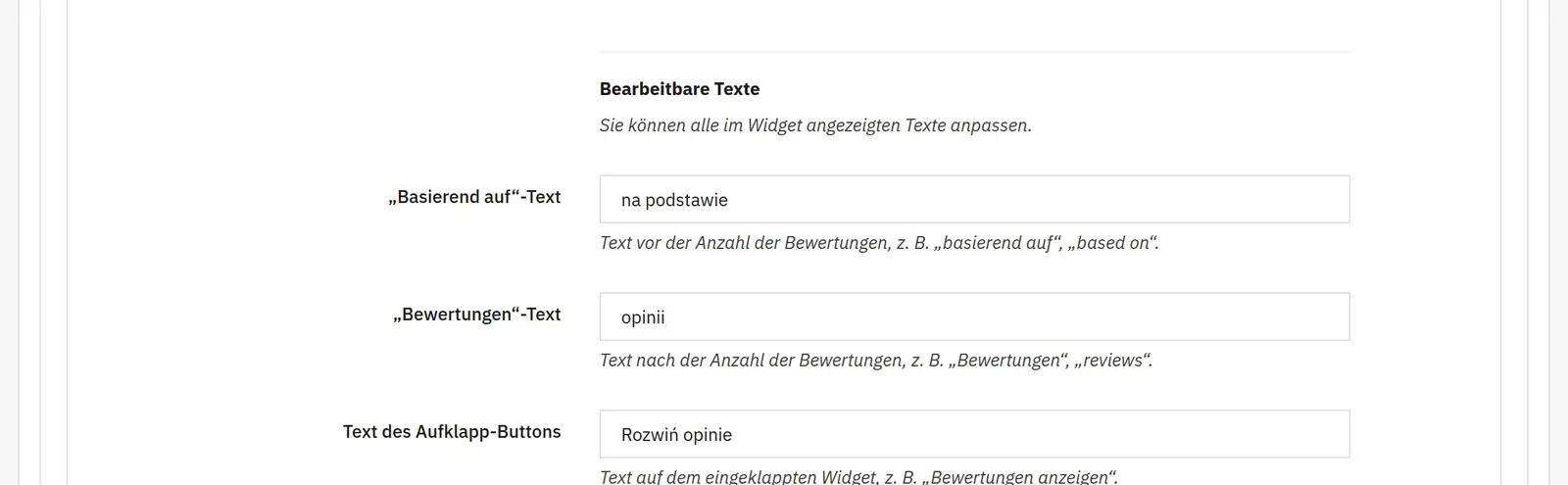 Im Widget angezeigte Daten