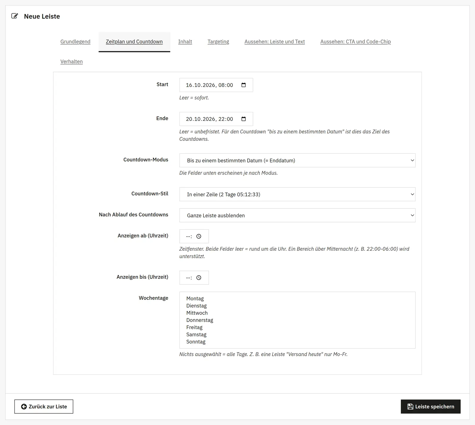 Leistenliste und Zeitplan