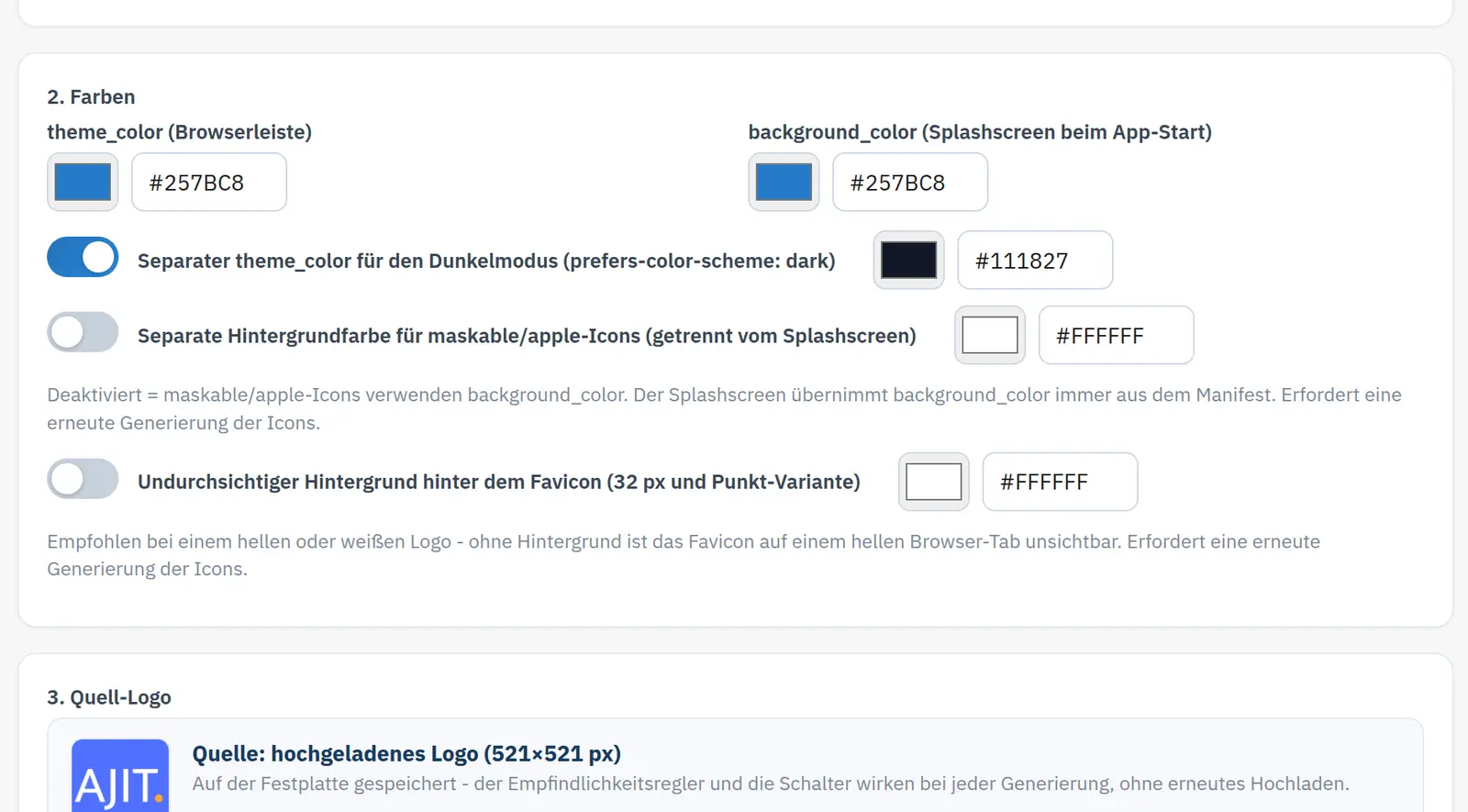 Theme-Farben und Meldung auf dem Tab