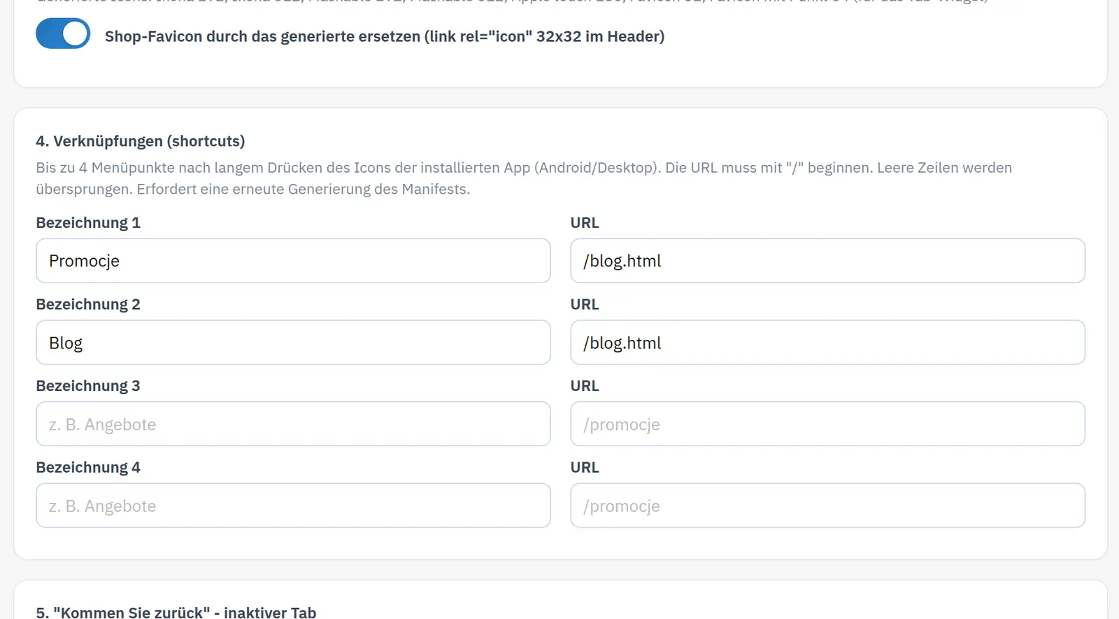 Manifest und App-Verknüpfungen