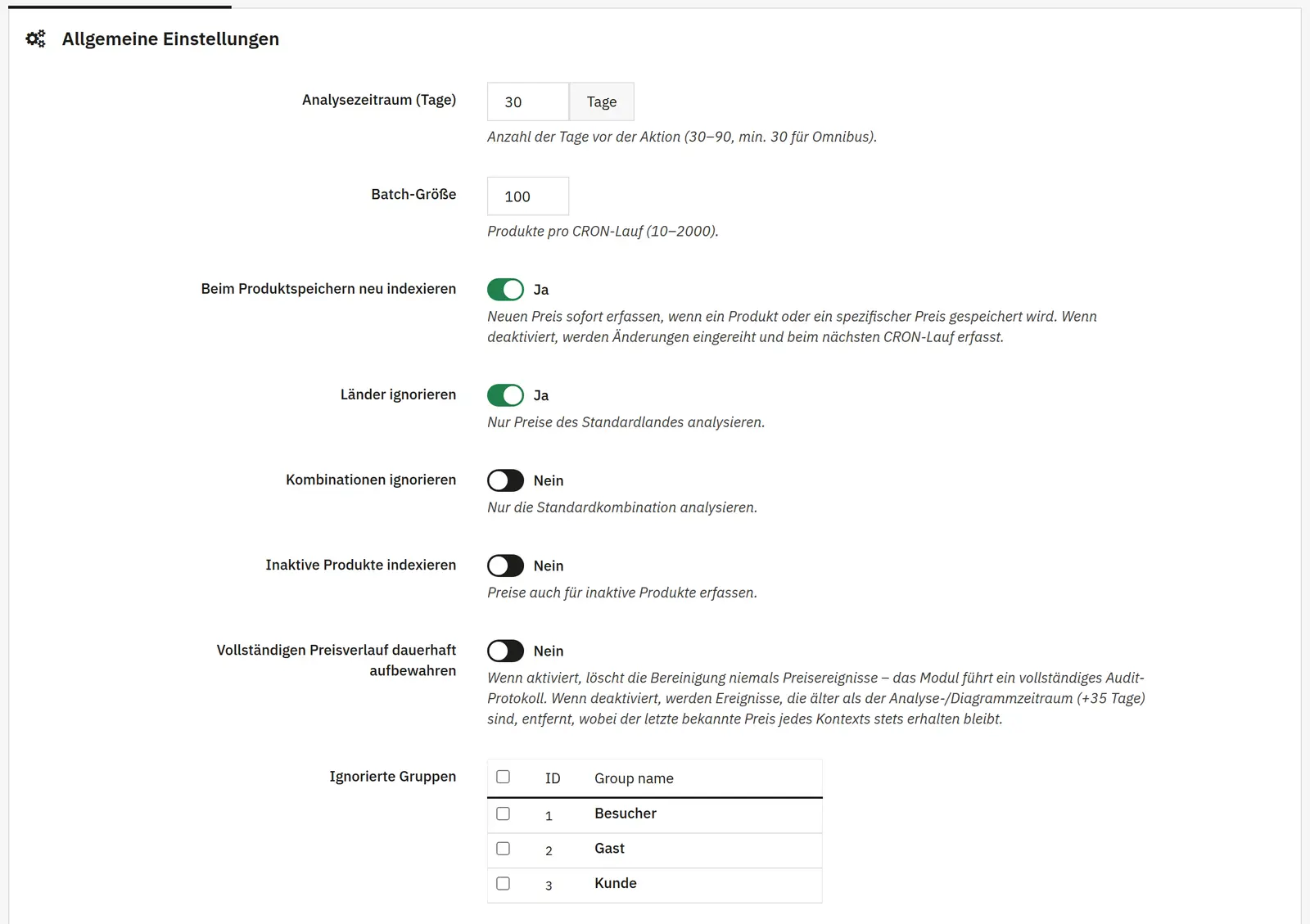 Speichern des Preisverlaufs der Produkte