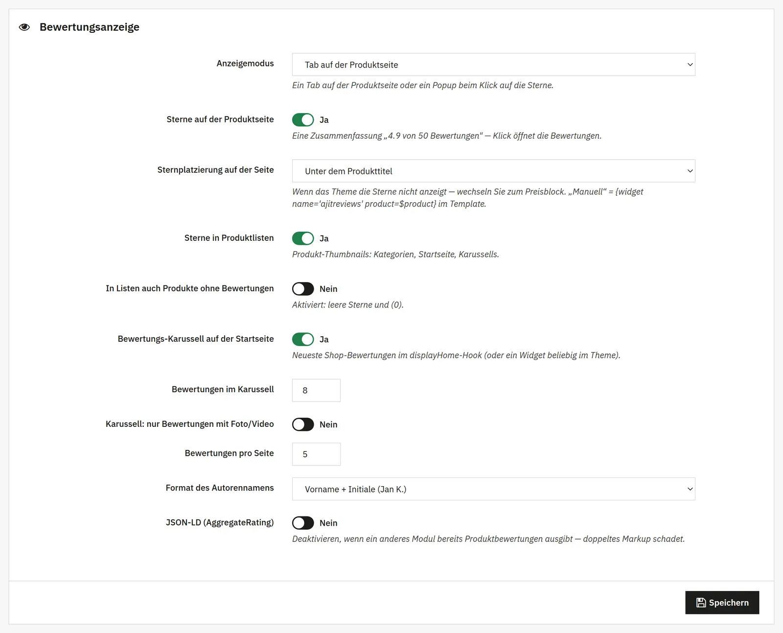 Darstellung der Bewertungen