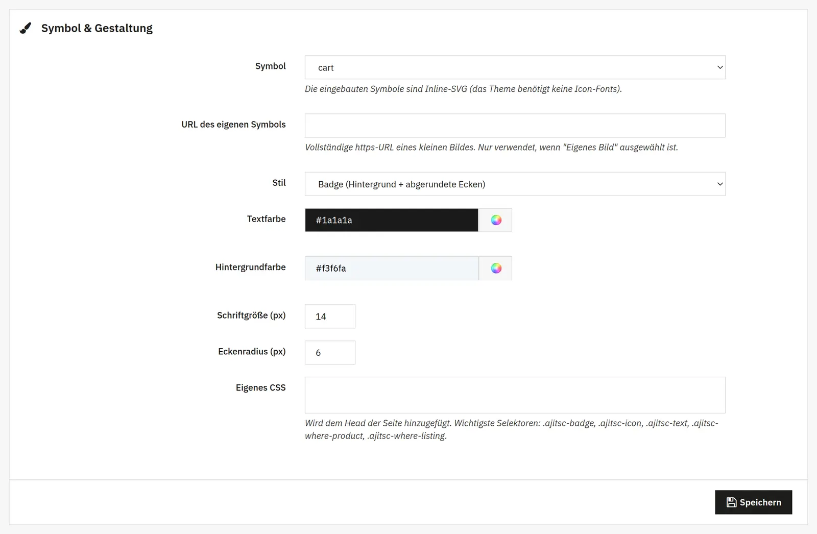 Einstellungen für Texte, Rundungen, Icons und Aussehen