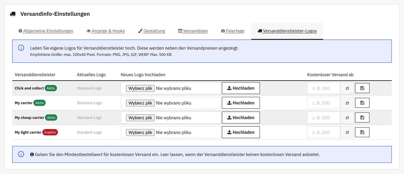 Vervollständigen Sie die Präsentation der Versanddienstleister