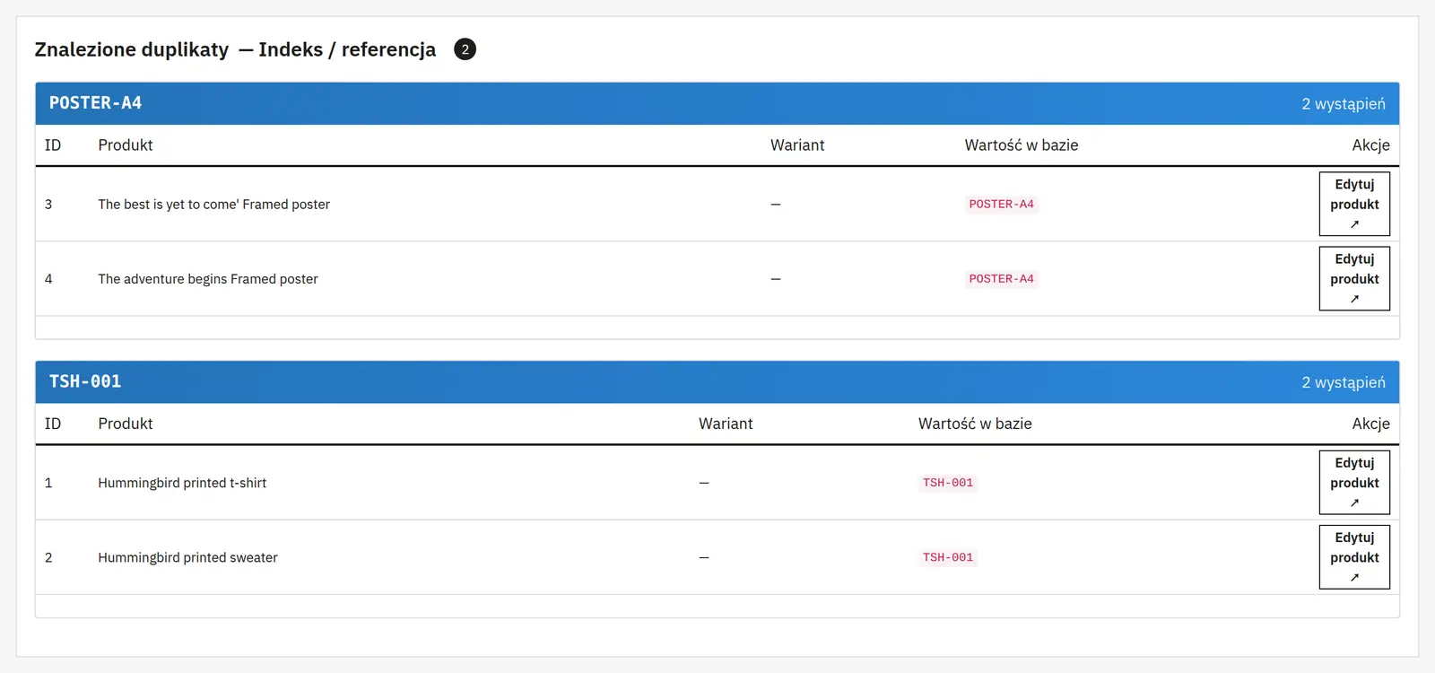 Rilevamento delle referenze SKU ripetute