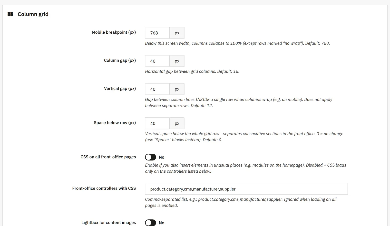 Column grid available in the TinyMCE editor