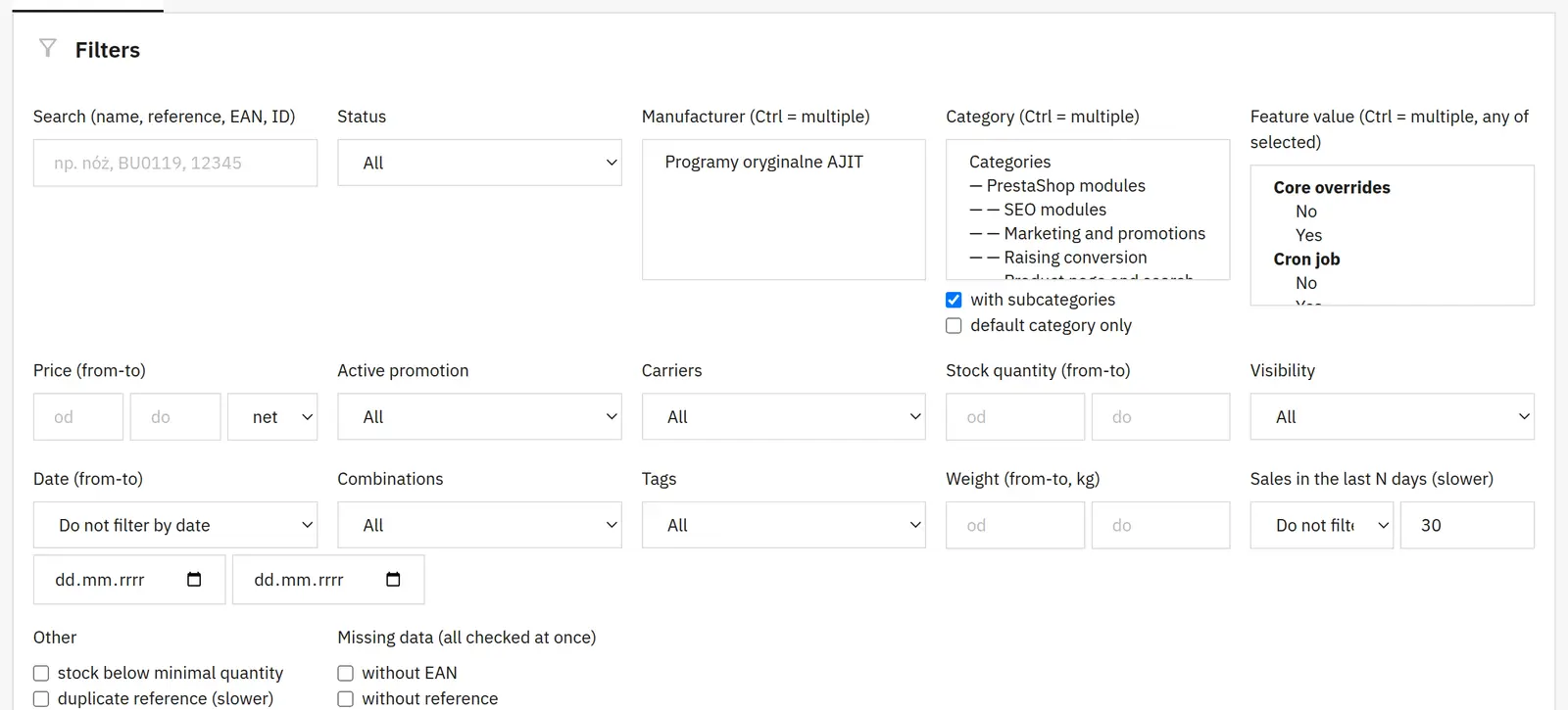 12+ filters for precise product selection
