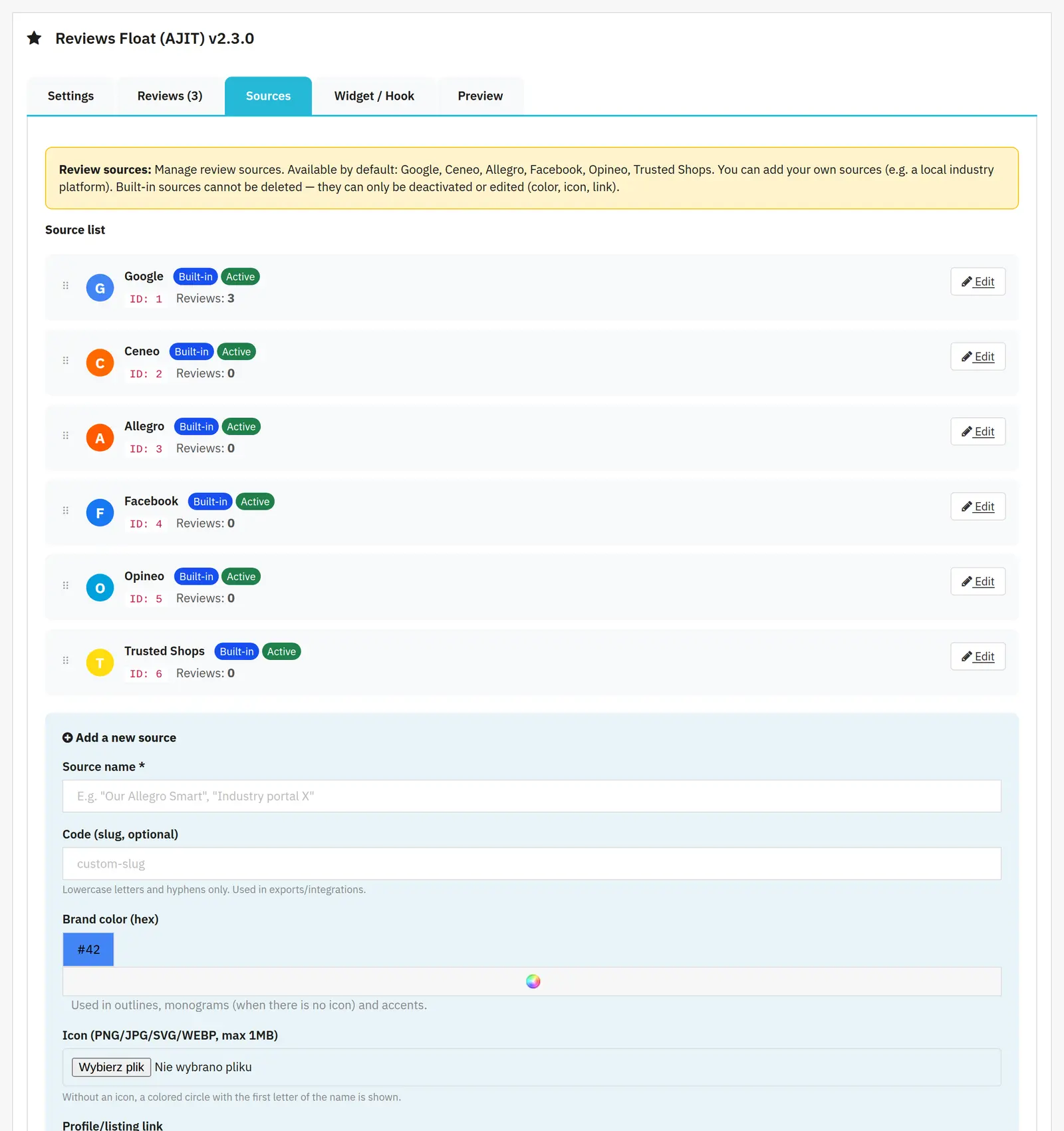 Custom review sources