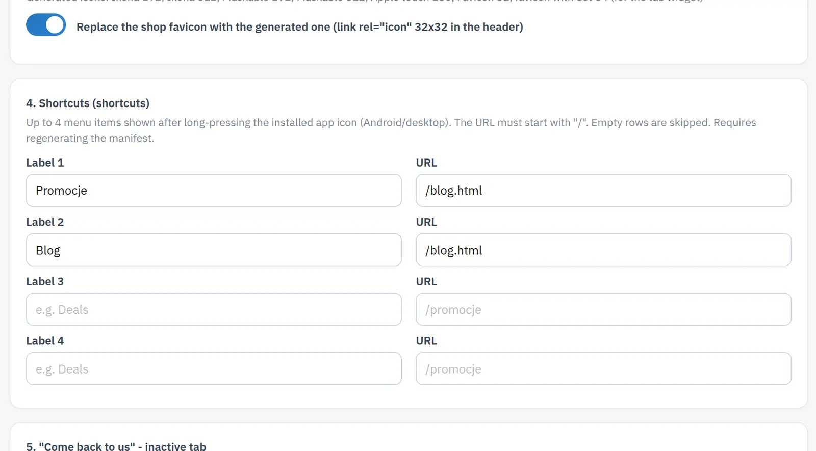 Manifest and app shortcuts