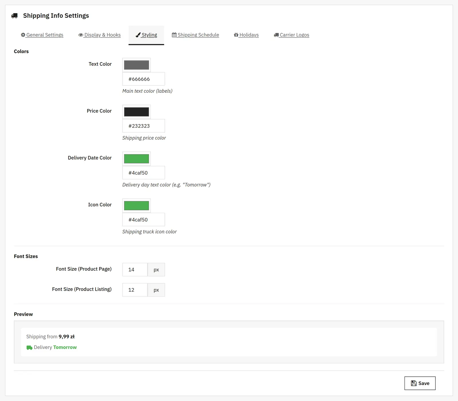 Match colors and text size to your shop
