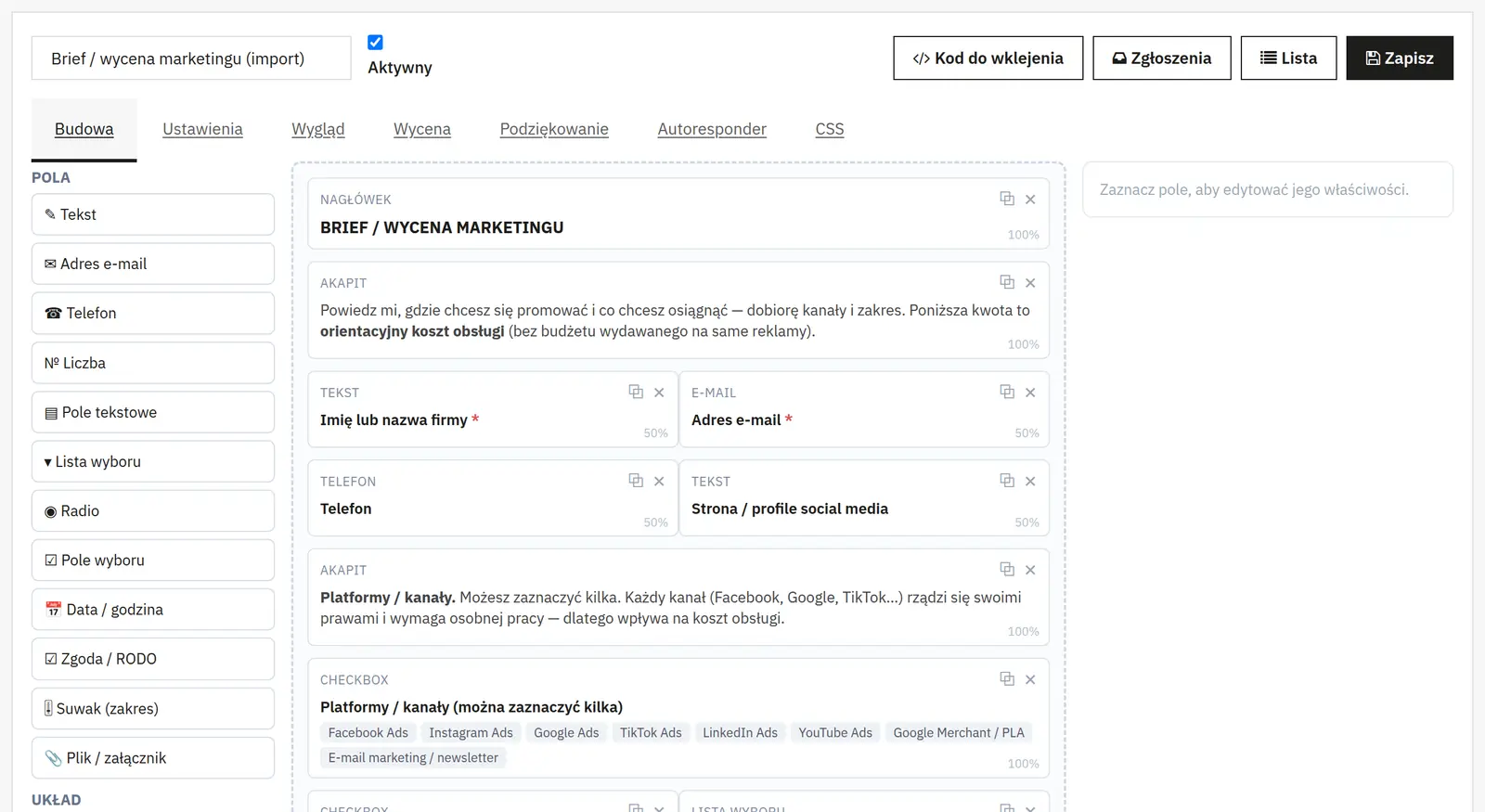 Disposizione visuale dei campi con drag and drop