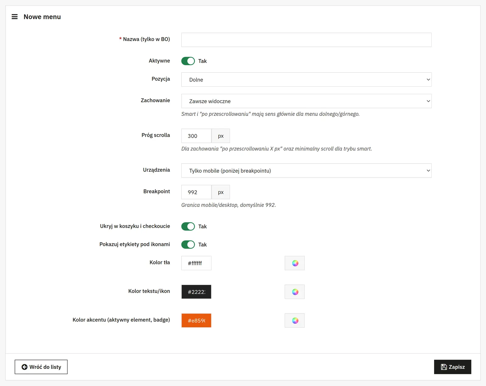 Configuración del menú