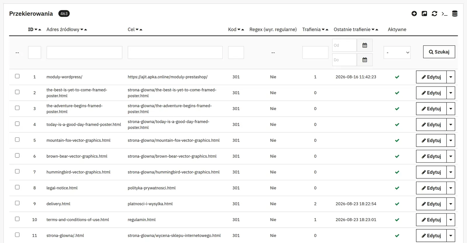301, 302, 307 e 410 con supporto regex