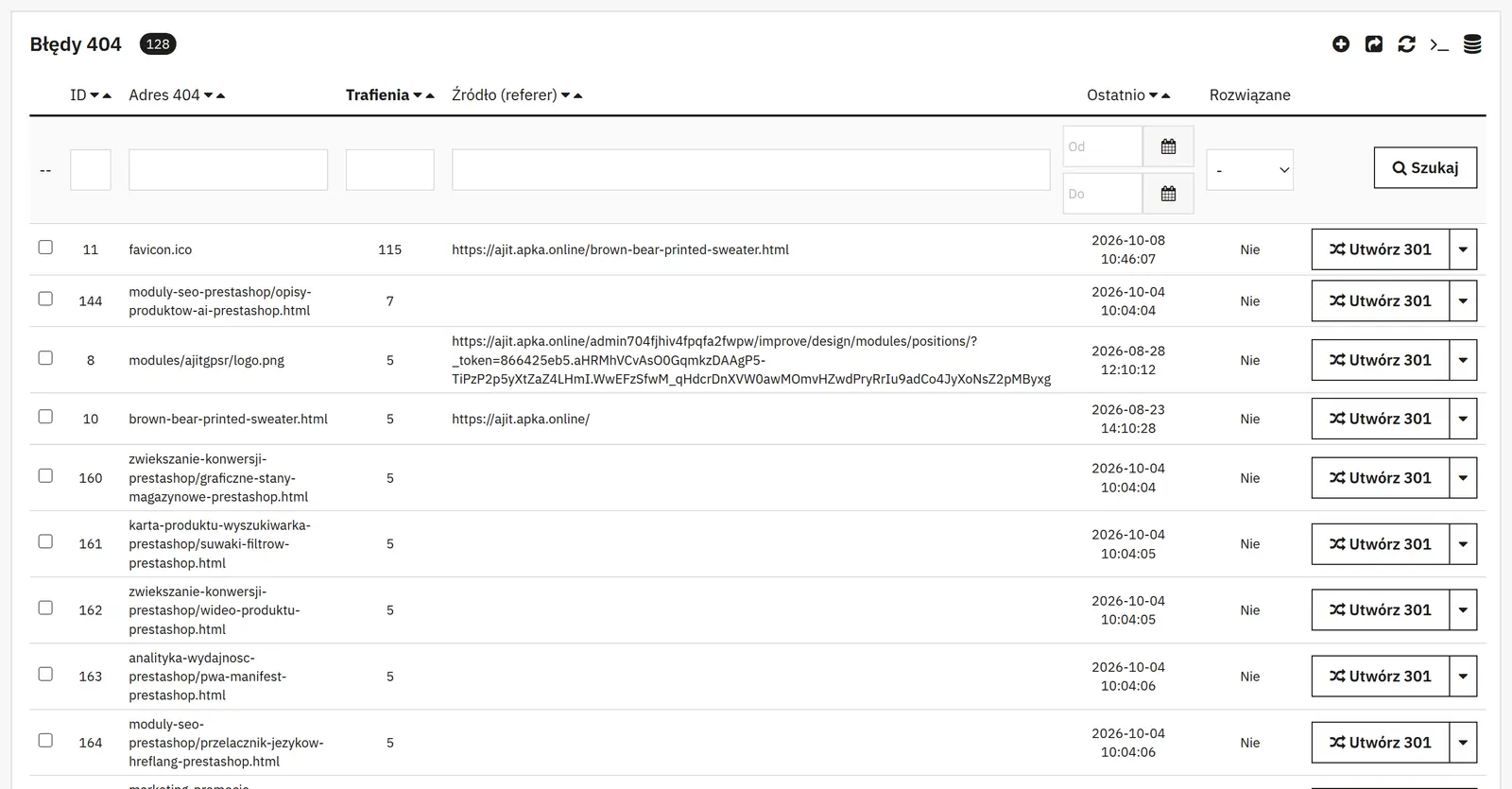 Logger 404 e redirect con un clic